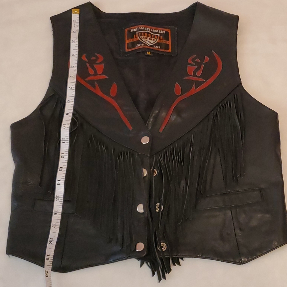 Interstate Leather M Vintage Black Authentic Leather Red Rose Fringe Vest - Picture 8 of 8